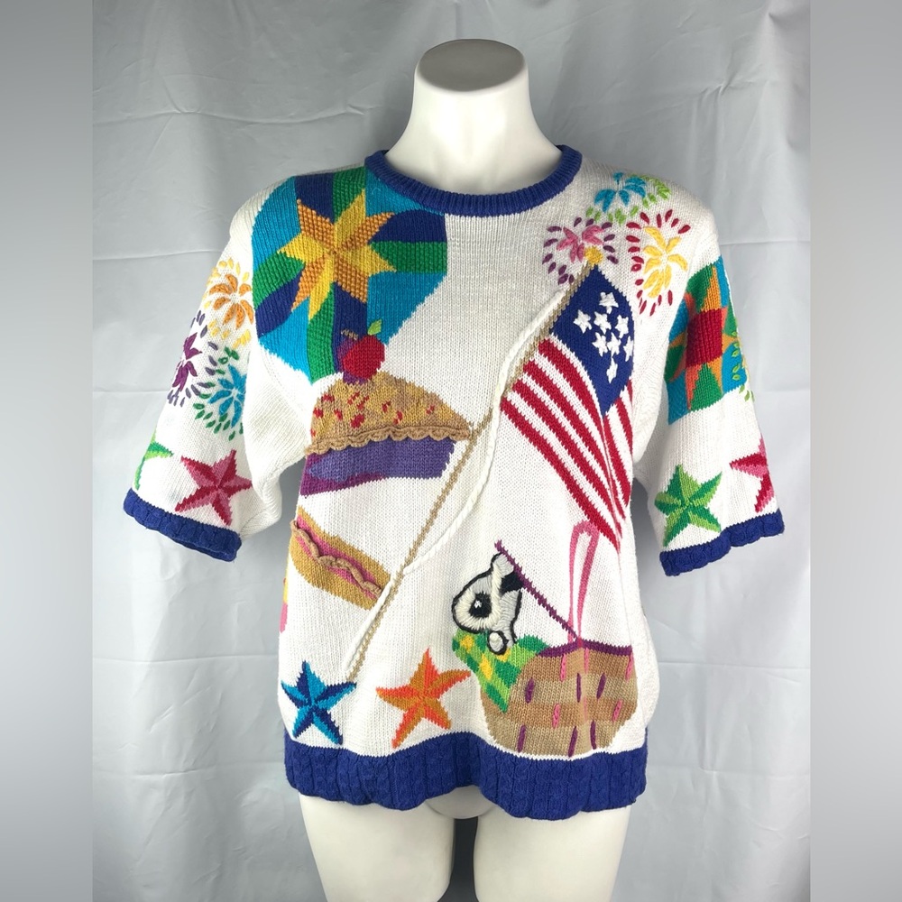 Vintage 90s Berek Ramie Cotton Sweater Fourth Of July Theme American Flag Size L